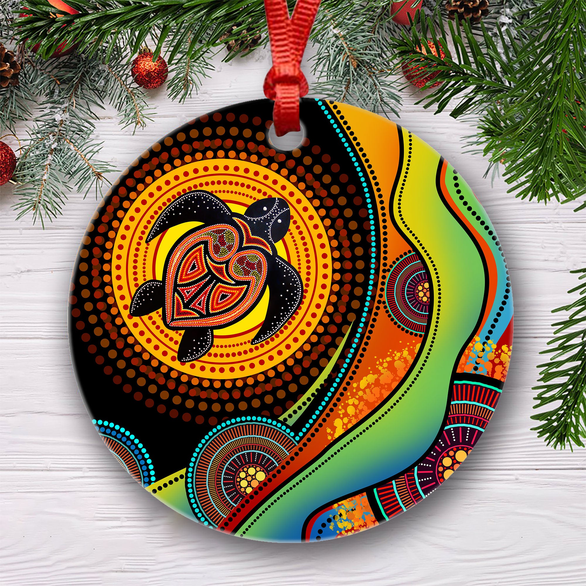 Tmarc Tee Aboriginal Art Green Turtle Christmas Ornaments