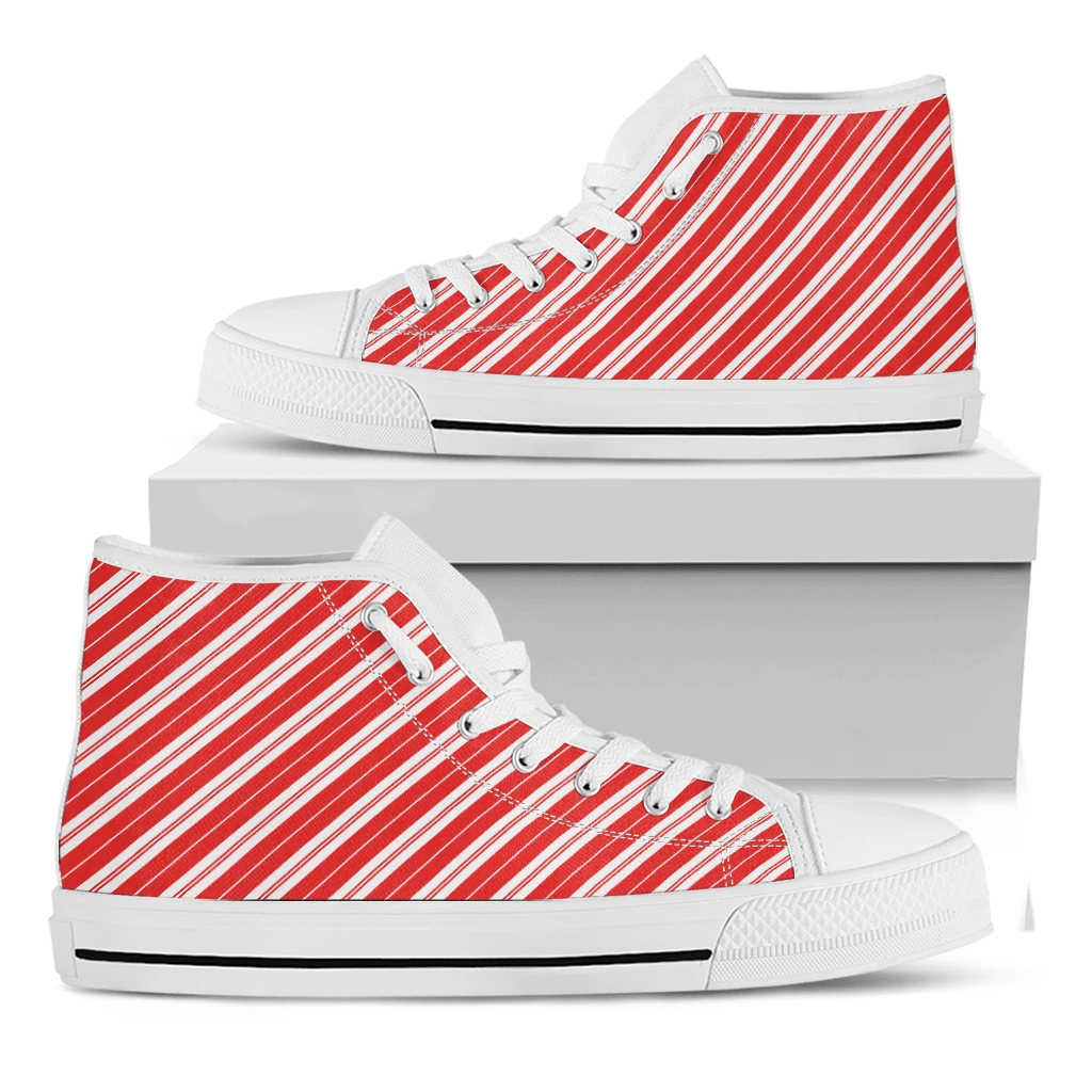 Candy Cane Stripes Pattern Print White High Top Shoes For Men And Women