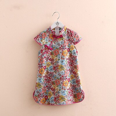 2022 Summer New 2 3 4 5 6 7 8 10 Years Children Chinese Ethnic Vintage Style Crew Neck Floral Cheongsam Dress For Kids Baby Girl alx