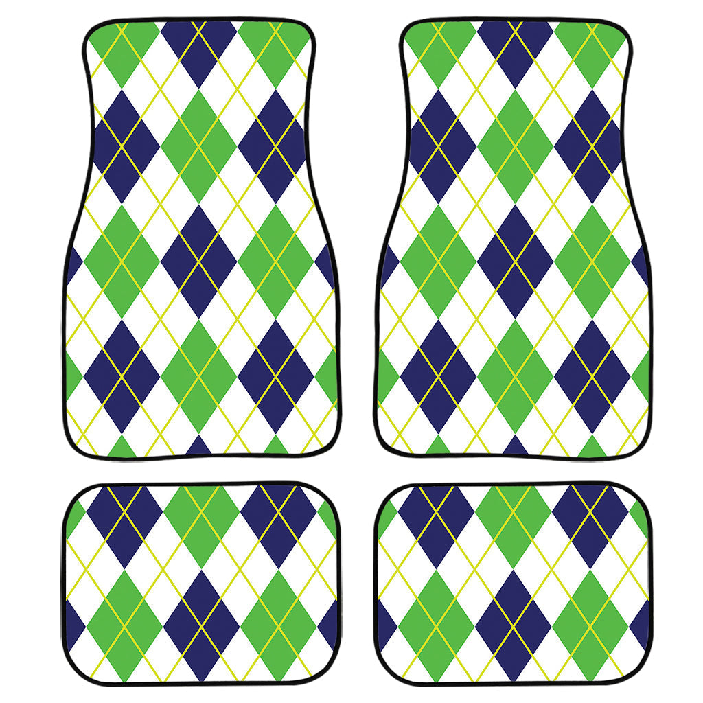 Navy Green And White Argyle Print Front And Back Car Floor Mats, Front Car Mat