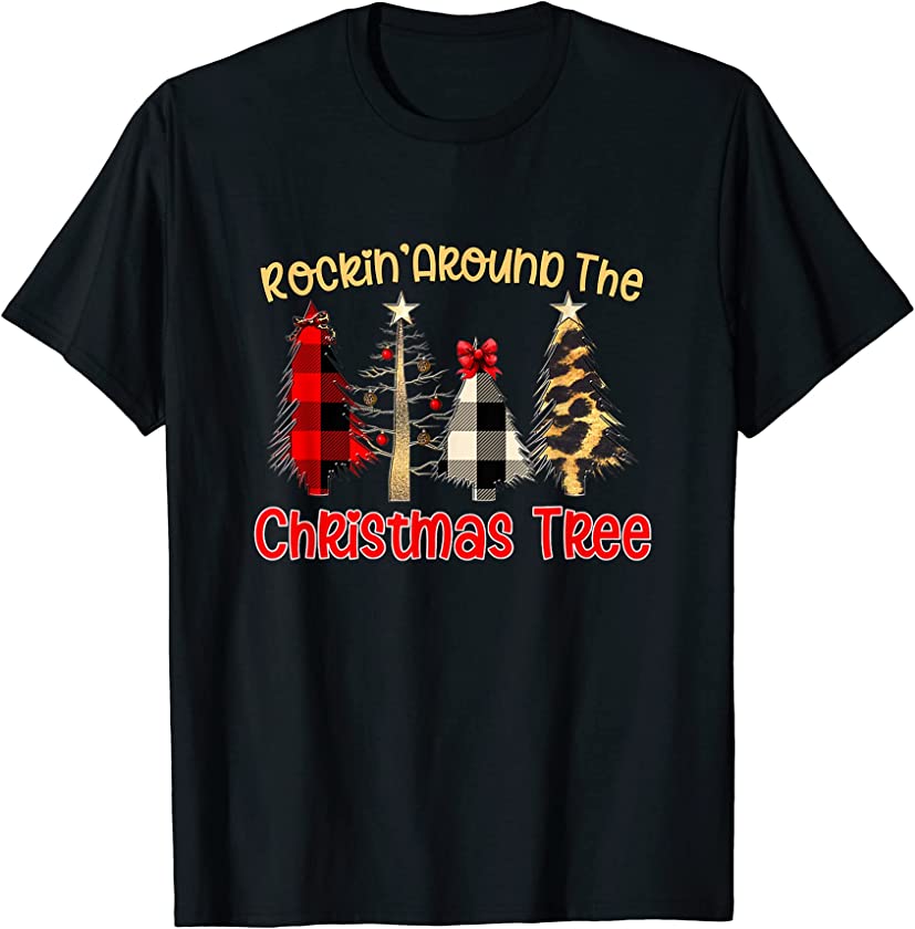 Rockin’ Around The Christmas Tree Buffalo Plaid Leopard Xmas T-Shirt