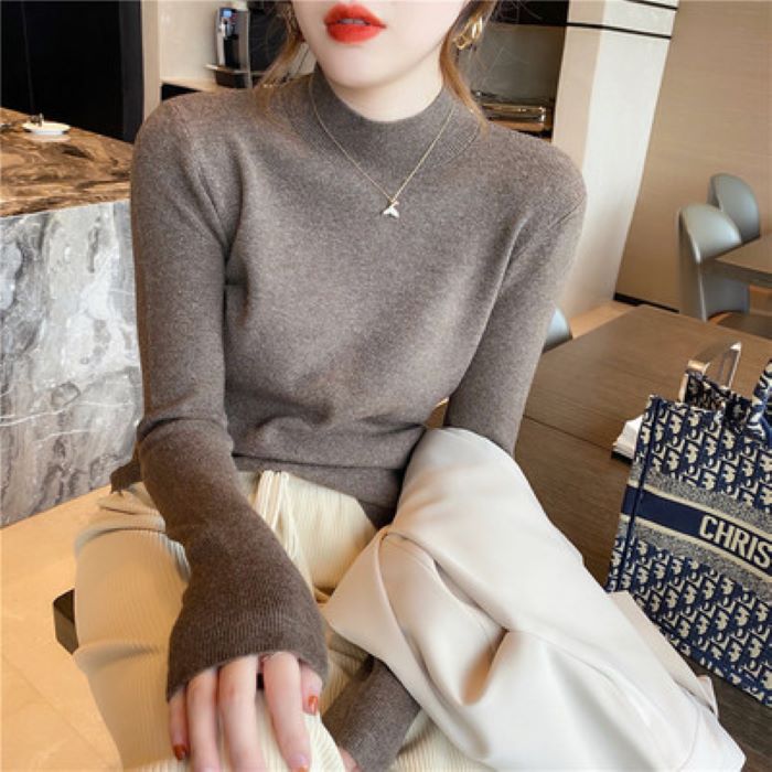 Women’s Sweater 2022 Knitted Cotton Tops for Women Slimming Long Sleeve Top Woman Half High Collar Clothing Female Basic Sweater alx