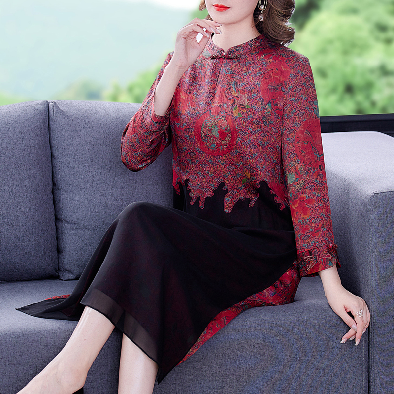 2022 Fashion Natural Silk Floral Patchwork Midi Dress Spring Long Sleeve Elegant Bodycon Dress Women Korean Vintage Party Dress alx