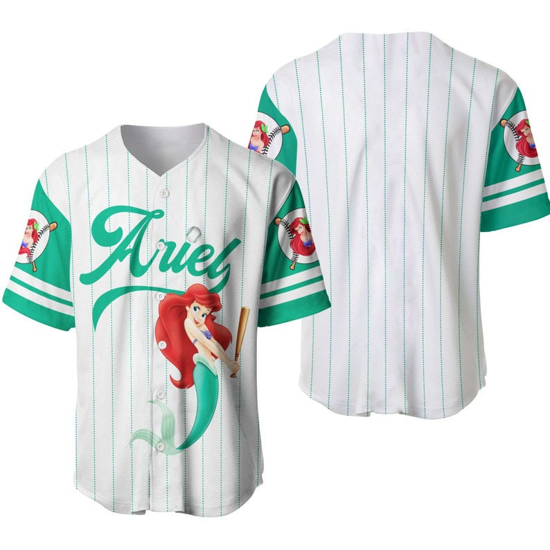 Ariel Princess The Little Mermaid All Over Print Pinstripe Baseball Jersey – White