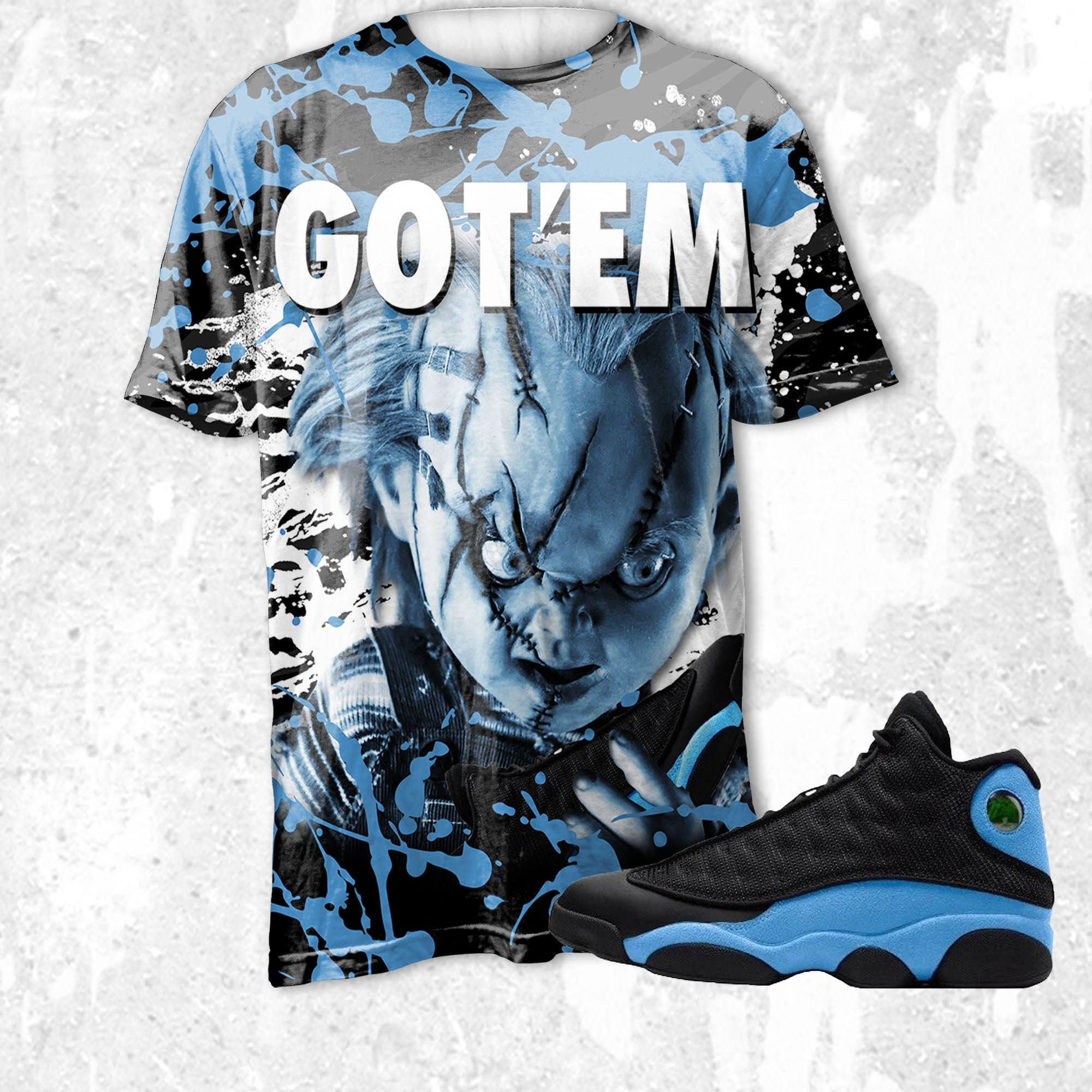 Chucky Gotem 3D Zebra Stripes Paint.Jordan 13 Black University Blue, Jordan Matchjordan, oversized t shirts, outfit jordan ,