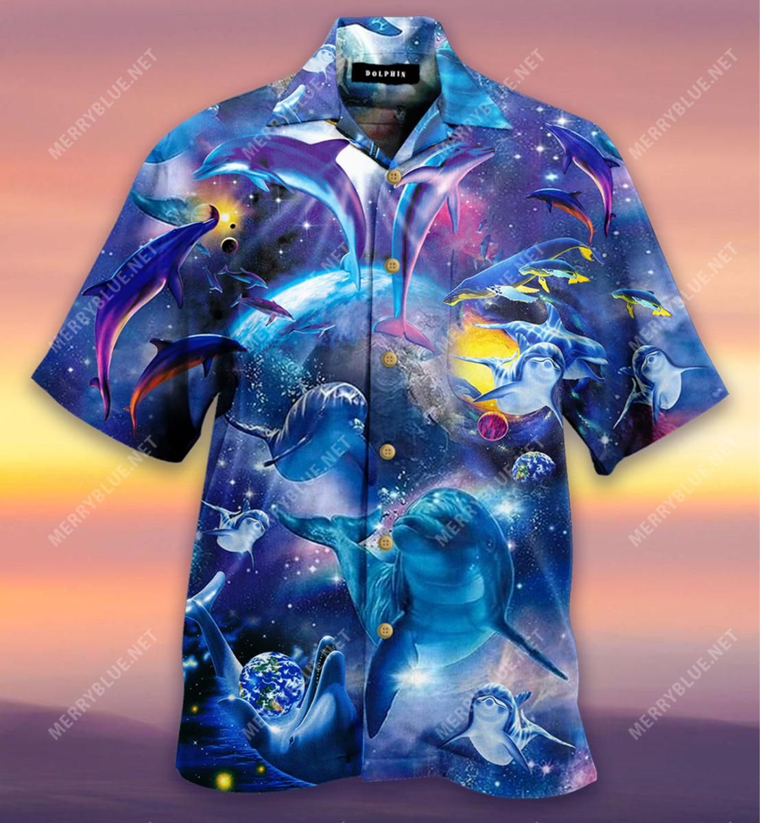 Dolphins In Space Aloha Hawaiian Shirt Colorful Short Sleeve Summer Beach Casual Shirt For Men And Women