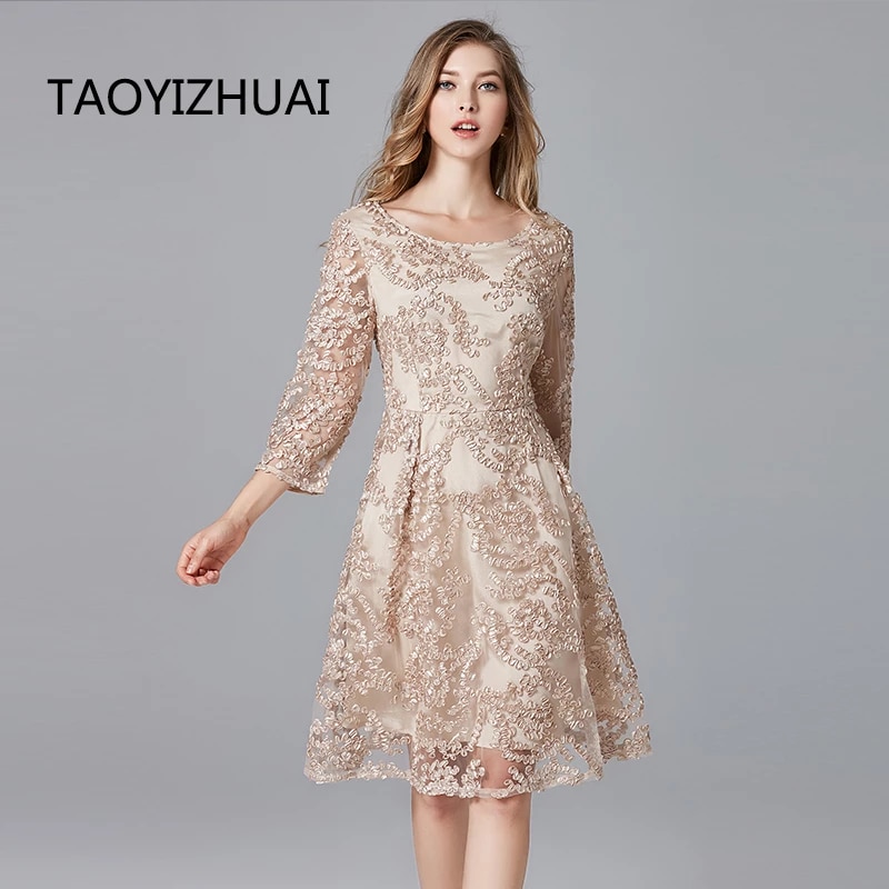 TAOYIZHUAI 2019 New Arrival Spring Summer Dress Plus Size Champagne Ladies Casual Lace A-Line Polyester Dresses For Women 14146 alx