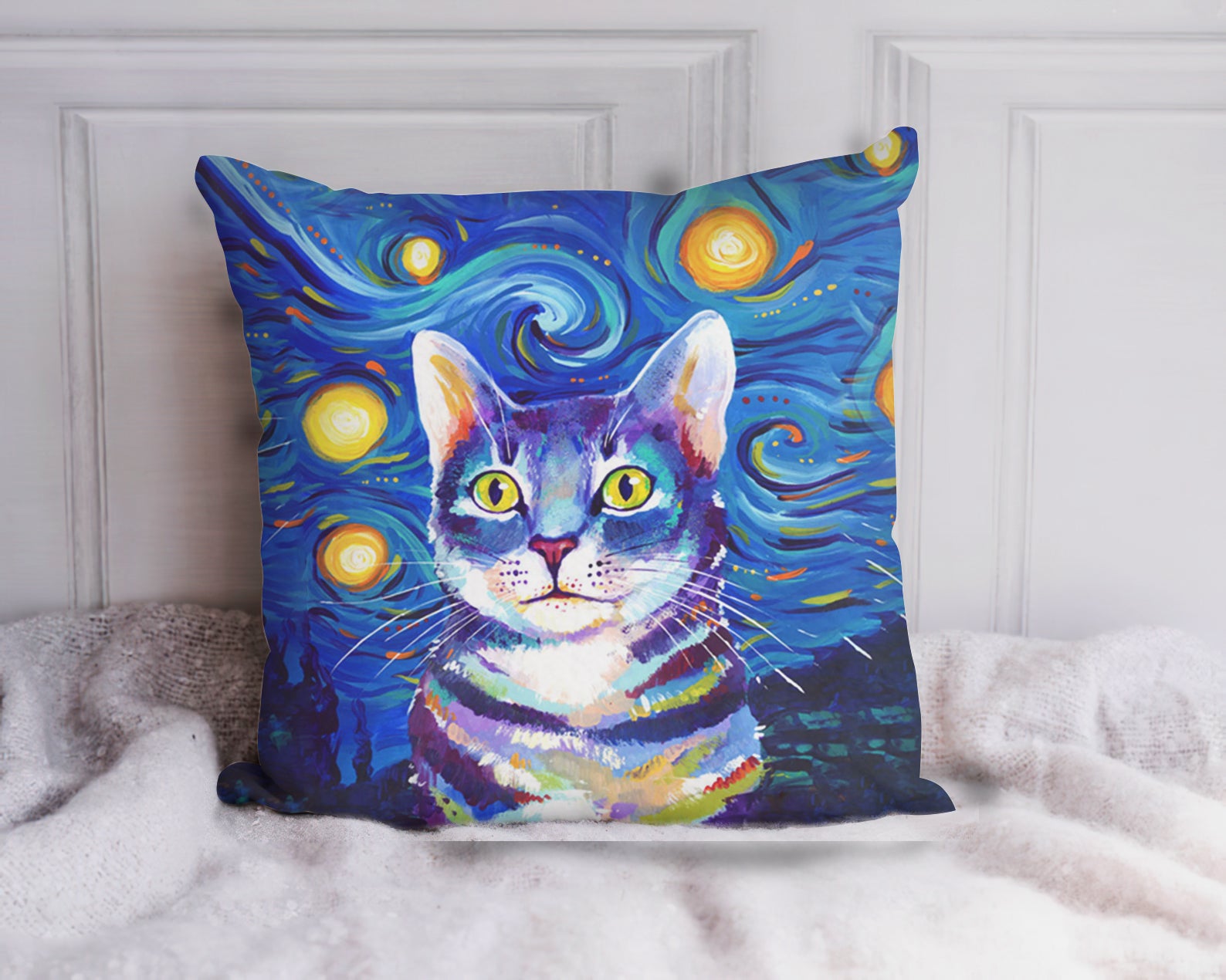 Kitten With Starry Night Painting Pillow Cover, Personalized Cat Pillowcase, Pet Pillow Cover  18″X18″, Decorative Square Pillow Case