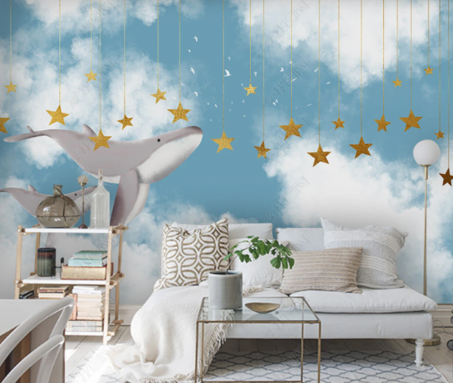 3D Cartoon Whale Sky Clouds Wall Mural Wallpaper Sww 97