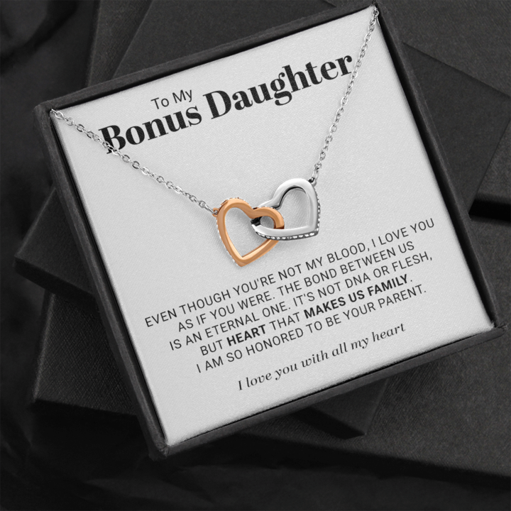 To My Bonus Daughter Necklace, Heart That Makes Us Family – Interlocking Heart Necklace