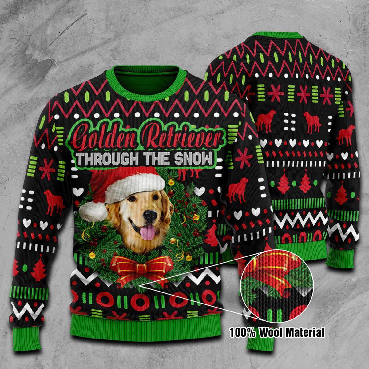 W Golden Retriever Snow Merry Christmas 3D All Over Printed 100% Wool Material Sweater