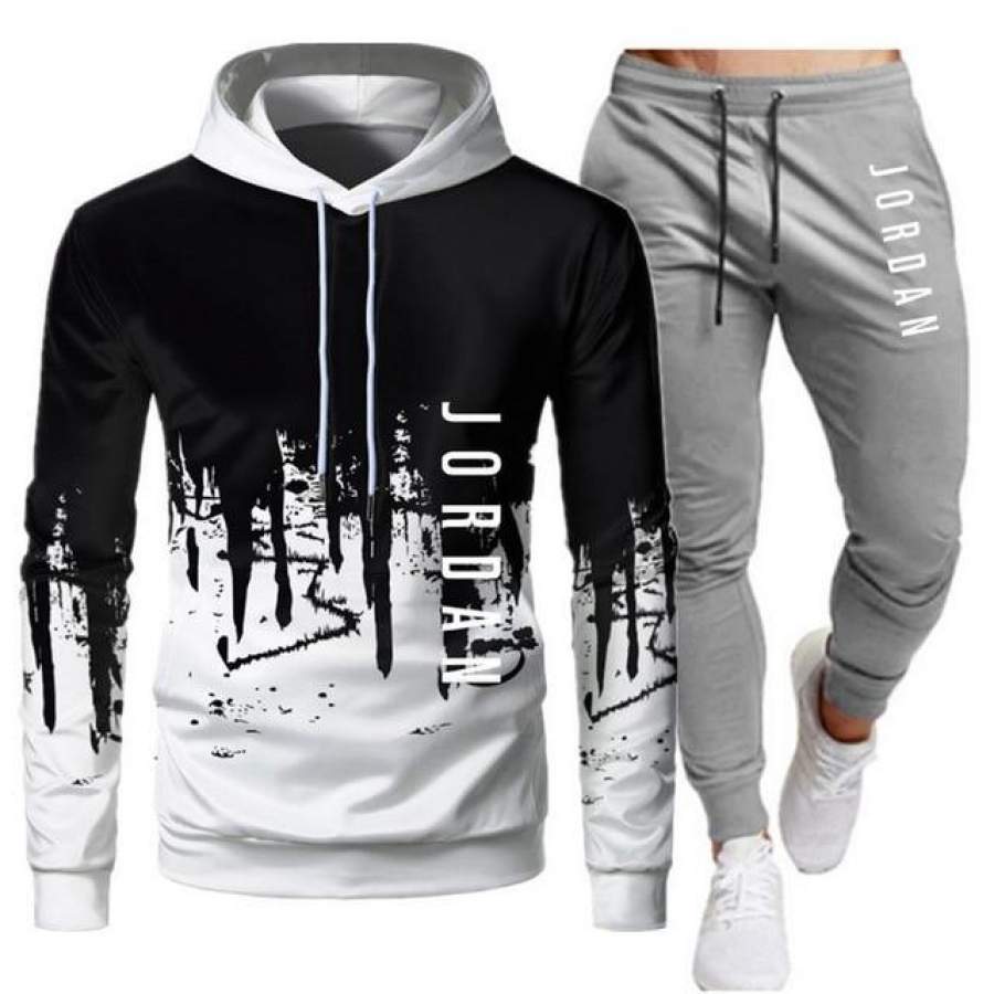 White Black Men Hoodies Set Fashion Tracksuit Sports – Fitjiva Art Store