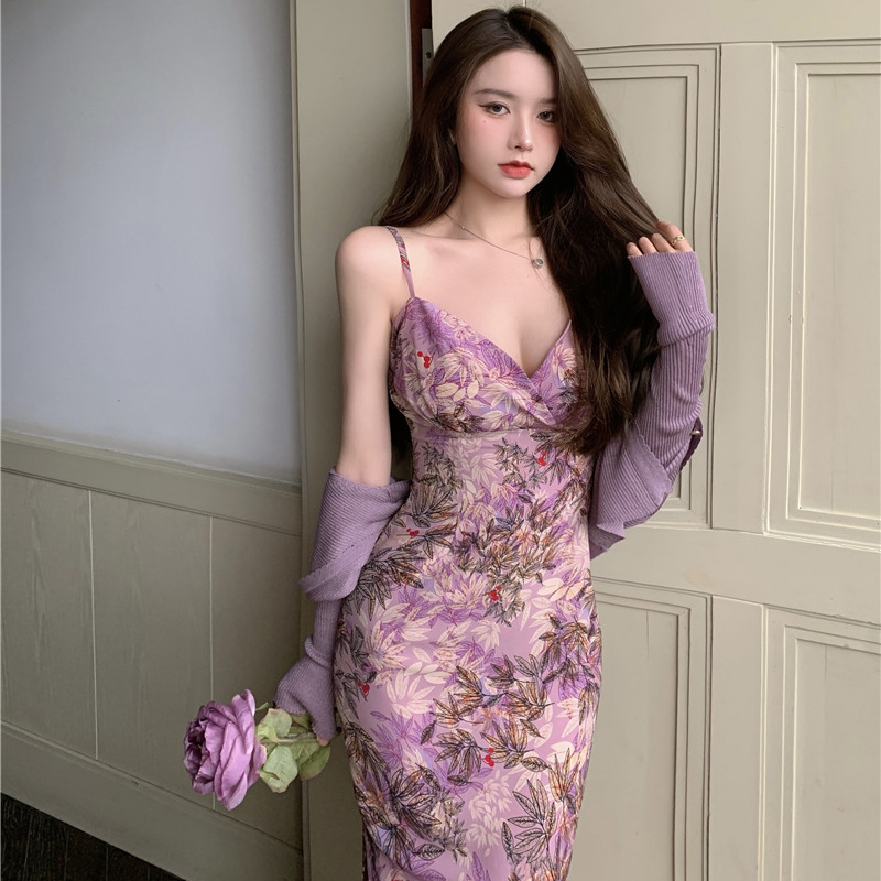 Summer Floral Dress Women Vintage V-Neck Sling Bag hip Split Dress + Purple Thin Cardigan Jacket Two-Piece Female Beach New 2021 alx