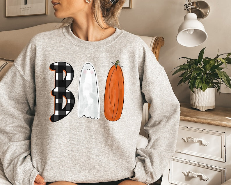 Boo Halloween Crewneck Sweatshirt, Boo Shirt, Pumpkin Halloween Shirt Crewneck Sweatshirt All Over Print Sweatshirt For Women Sweatshirt For Men