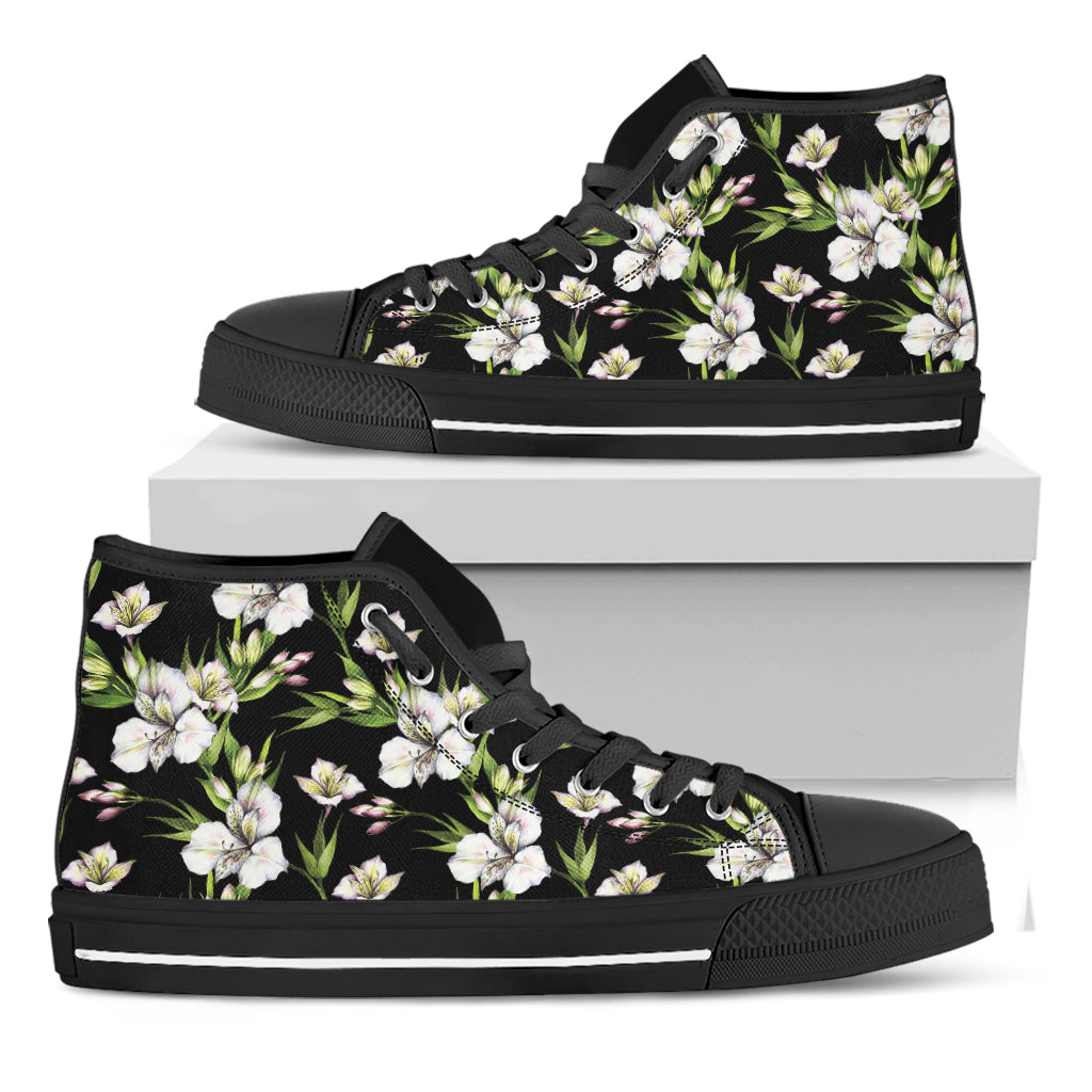 Watercolor Alstroemeria Pattern Print Black High Top Shoes