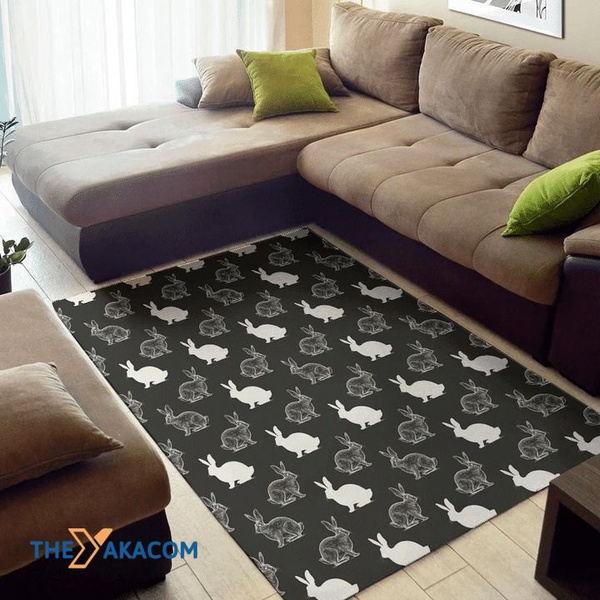 Black And White Rabbit  Patterns Rectangle Area Rug Floor Decor