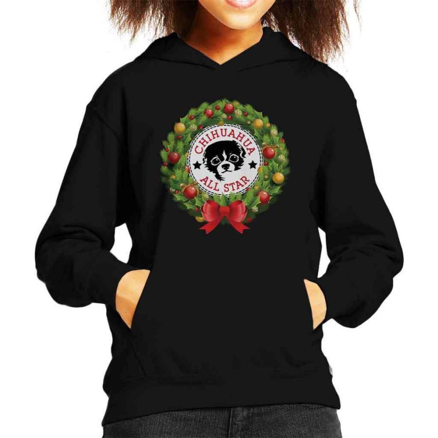 Chihuahua All Star Christmas Wreath Kid’s Hooded Sweatshirt