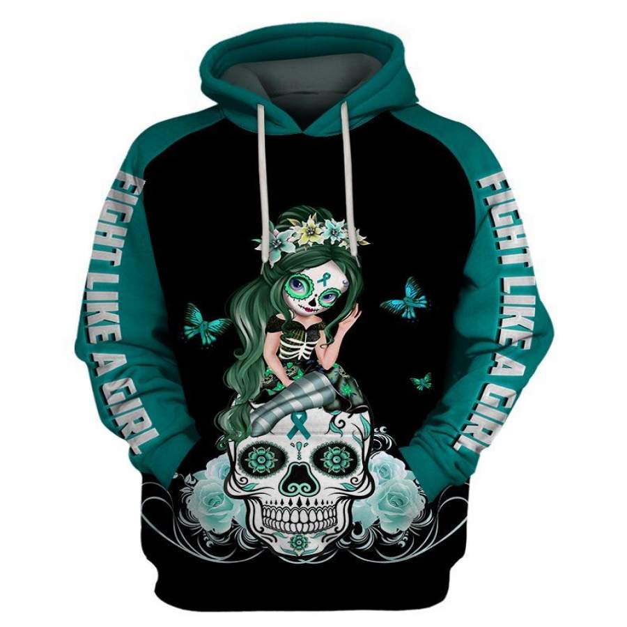 Teal Ovariant Cancer Sugar Skull Girl Awareness Hoodie