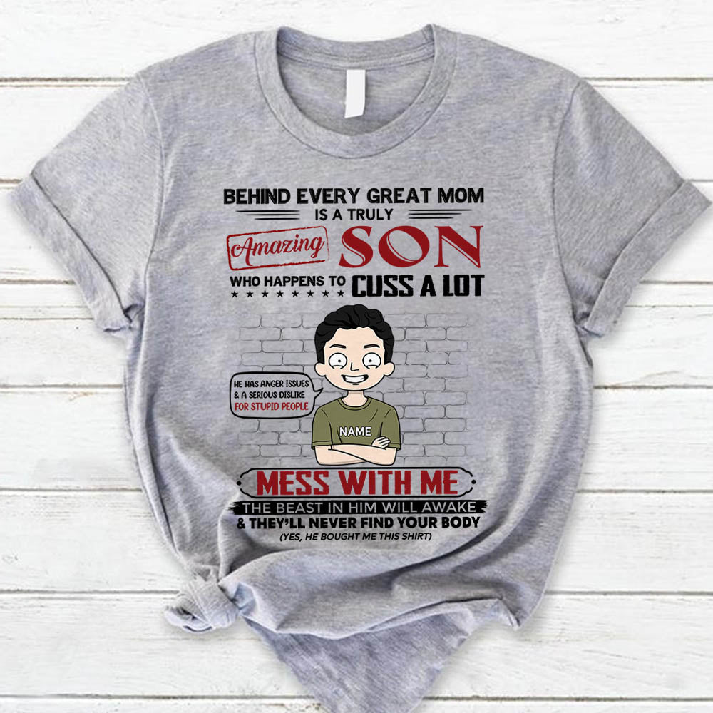 Behind Every Great Mom Is A Truly Amazing Son Personalized T-Shirt For Mom – Funny Birthday Gift For Mom – Gift From Sons Lihd