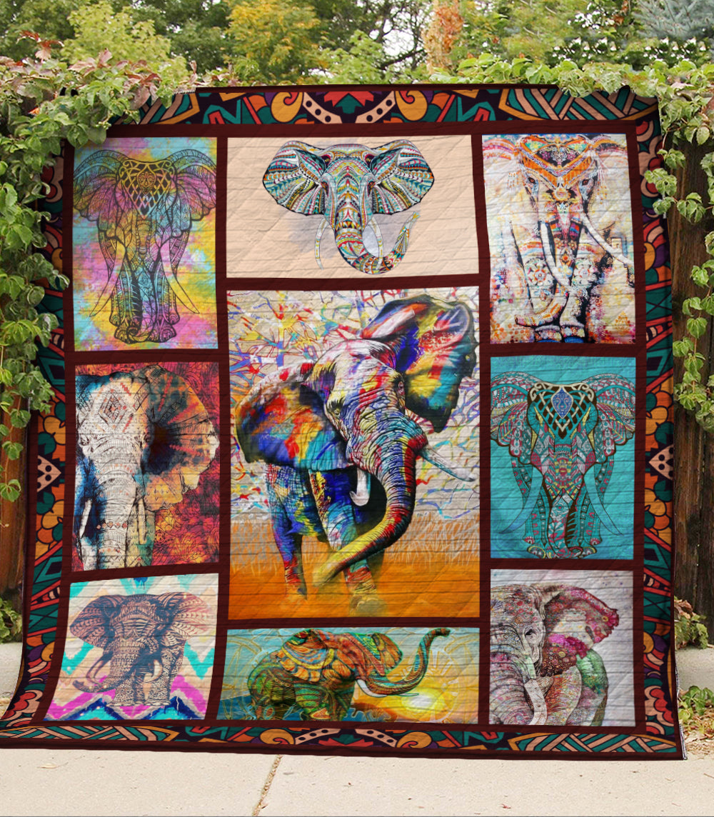 Hippie Elephants  Colorful Elephants Walking  Quilt Blanket