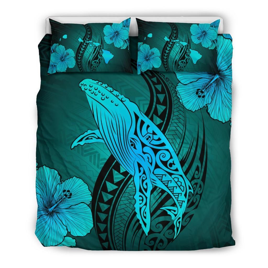 Alohawaii Bedding Set – Cover And Pillow Cases Hawaiian Map Whale Swim Hibiscus Polynesian – Turquoise – Ah J9