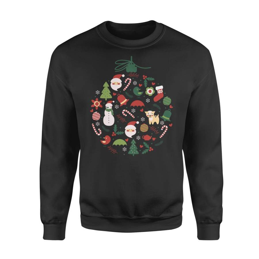 Christmas Gift Idea Laurel Wreath Is Composed Of Santa Claus Pine Bells Candy Cane Snow Birds And Holly – Standard Crew Neck Sweatshirt