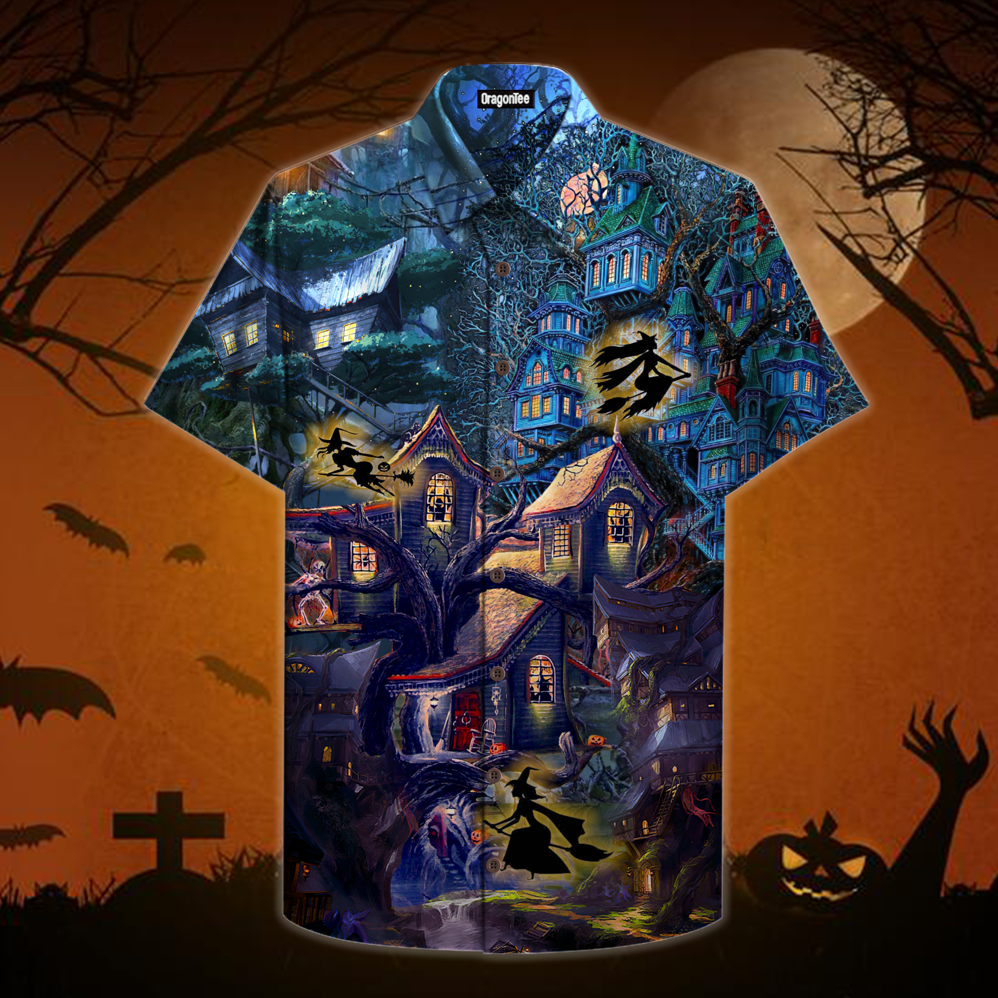 Oragontee Halloween Scary Witch Tree House Hawaii Shirt For Men Women Adult Ha29986