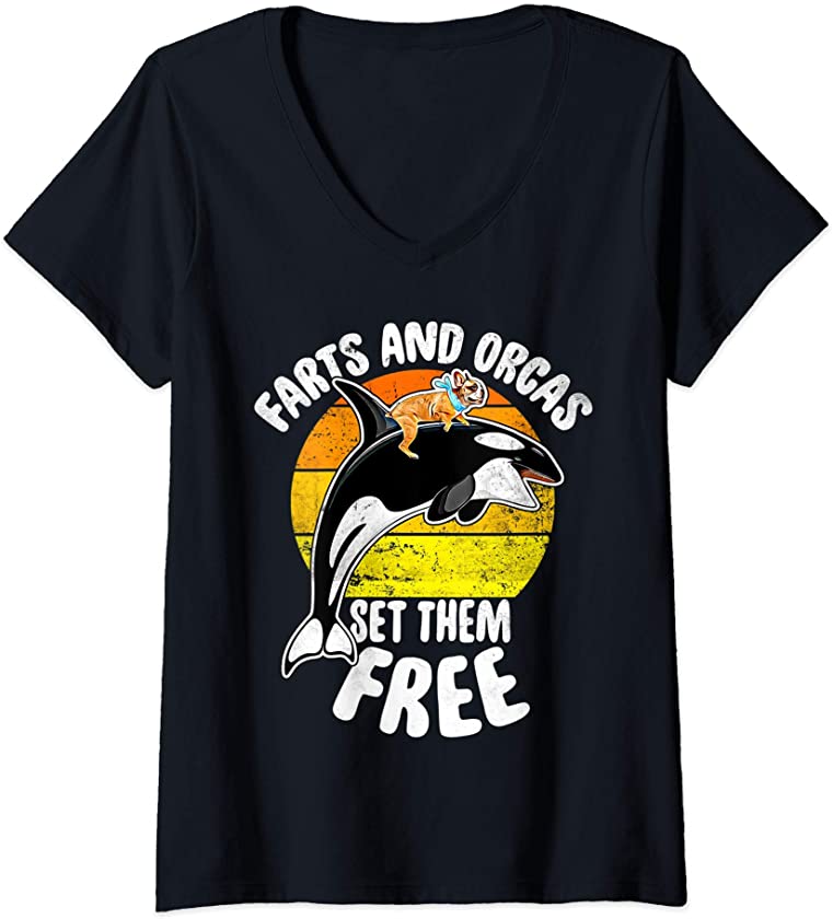 Womens Farts And Orcas Set Them Free – Frenchie Orca Killer Whale V-Neck T-Shirt