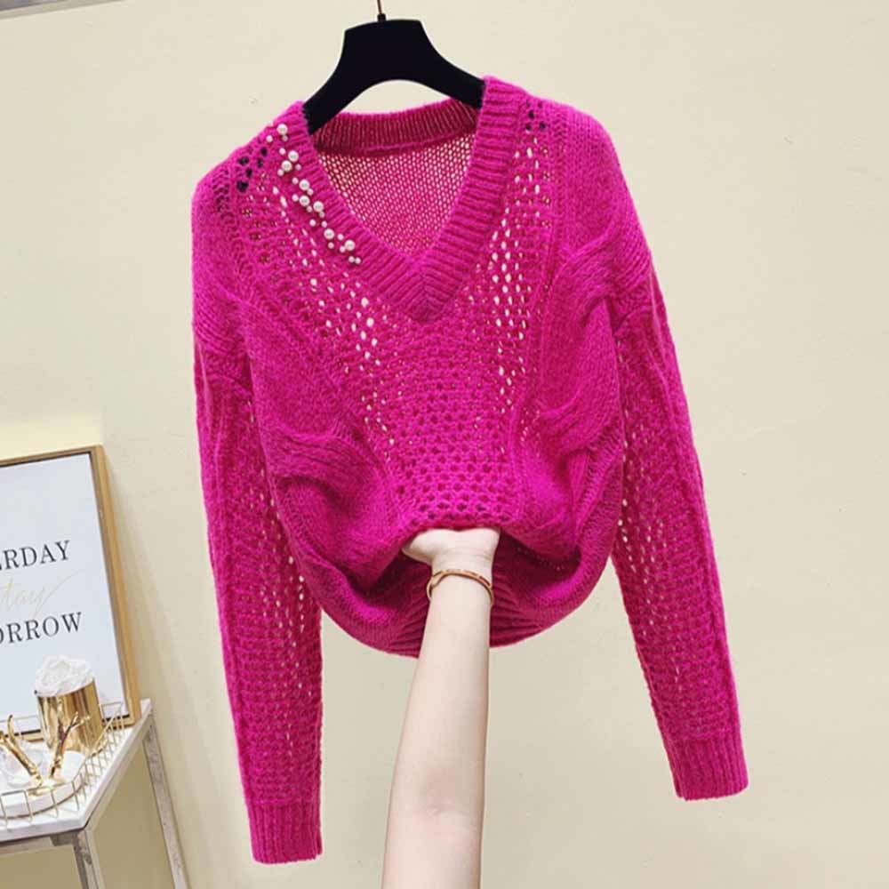 Woman Chic Rhinestone Knitting Pullover 2022 Autumn New Ins Hollow Loose Long Sleeves O-neck Solid Female Short Sweater alx