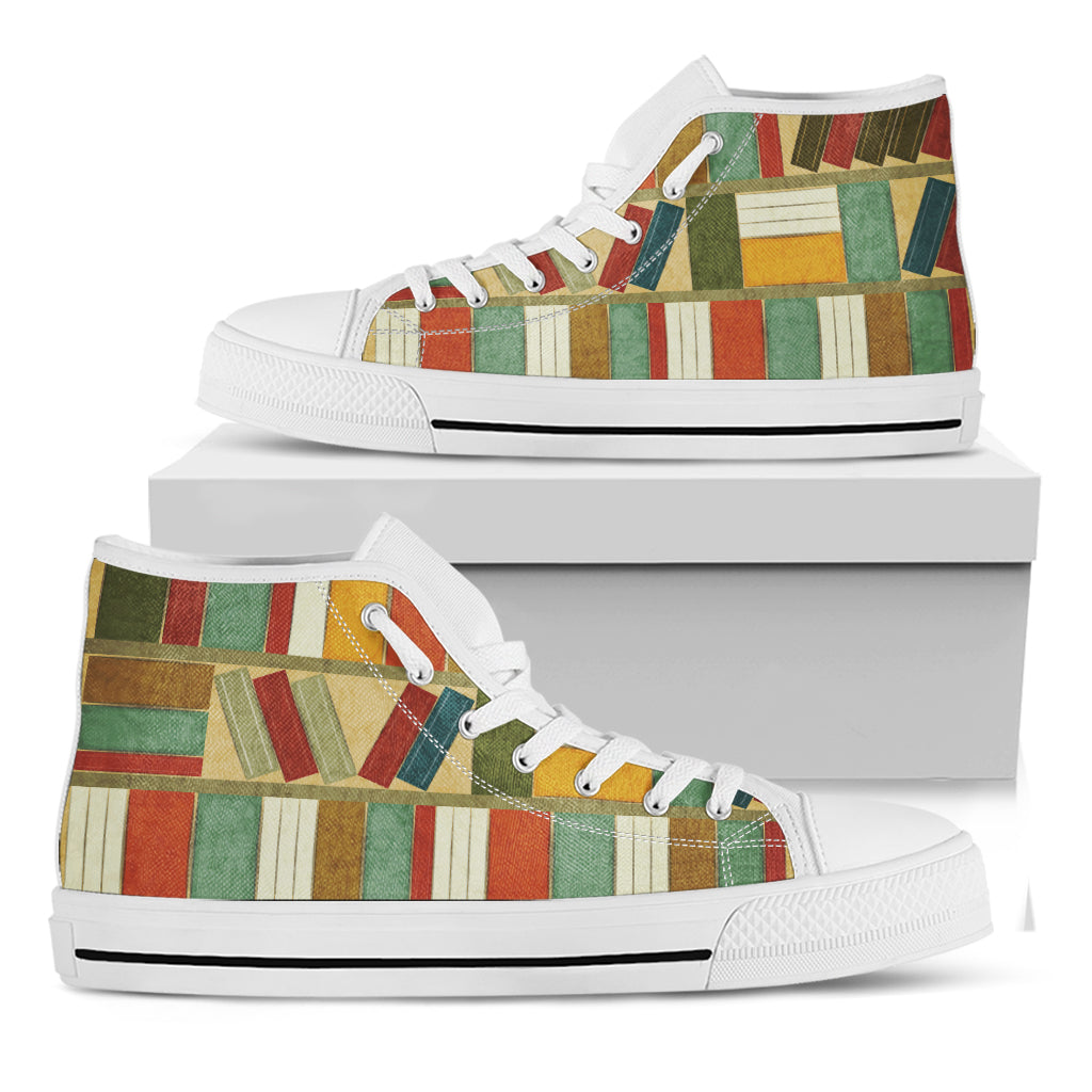 Watercolor Bookshelf Pattern Print White High Top Shoes