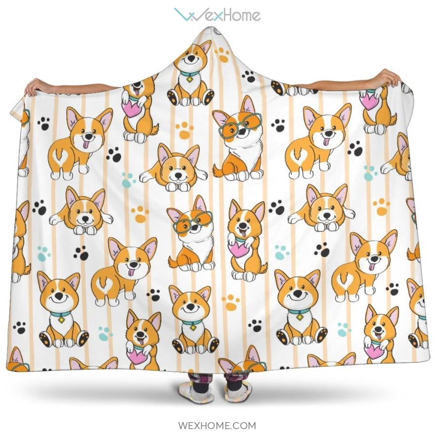 Cute Dog Corgi Striped Background Pattern Hooded Blanket