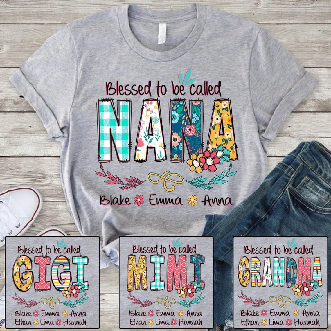 Personalized Grandma Shirt Custom Blessed To Be Called Nana Kids Art Flower Nana T-Shirt