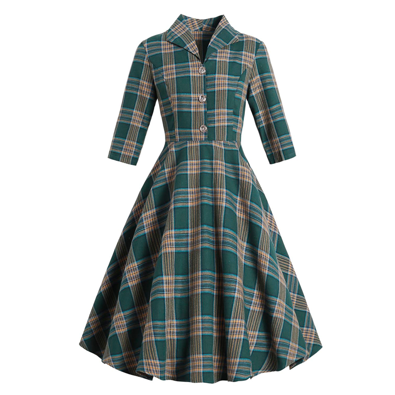 2021 Turn-down Collar Button Up Green Plaid 60s 50s Runway Dresses Autumn Clothes Women Vintage Robe Elegant Swing Dress Retro alx