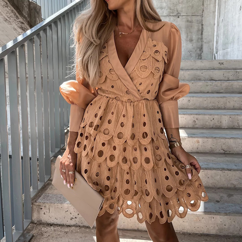 2022 Patchwork V Neck Solid Summer Dress Women Streetwear Sexy Loose Sleeve Midi Dress Female Hollow Out Beach Dress Vestidos alx