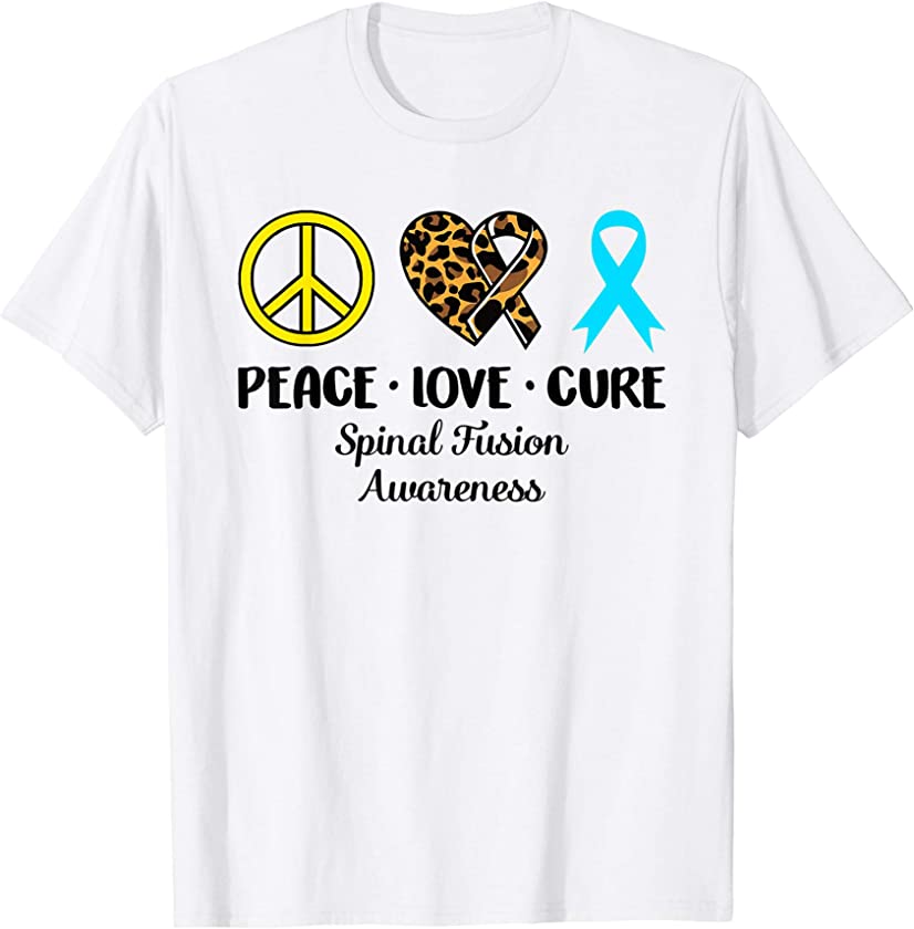 Spinal Fusion Awareness Peace Love Leopard Heart Ribbon T-Shirt