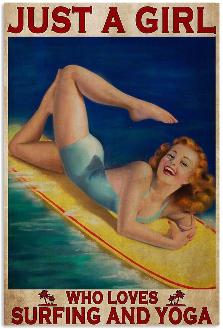 Vintage Just A Girl Loves Surfing Yoga Poster Art Print      Home Decor Gift For Men Women Family Friend On Birthday Xmas