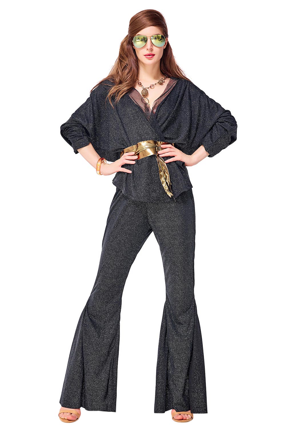 Adult Women Vintage 70s Disco Costume Dazzler Diva Dress Bell Bottoms Groovy Party Outfit Halloween Costume alx