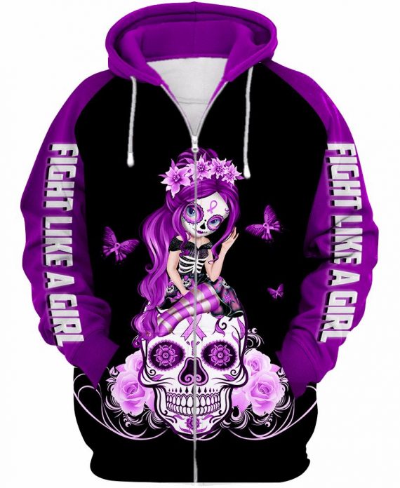 Skull Gift Multi-Color Sugar Skull Girl Cancer Awareness Zip Up Hoodie 3D Skull Hoodies 3D Skull Print Pocket Hoodie