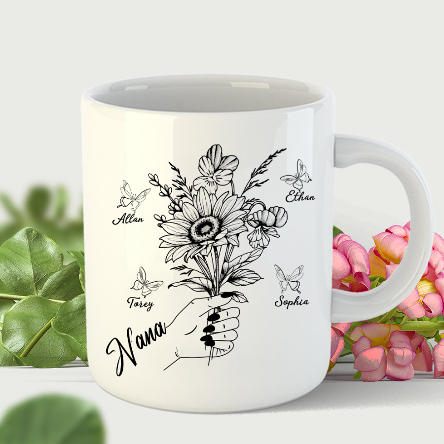 Grandma Hands Holding Flower Butterfly Mug