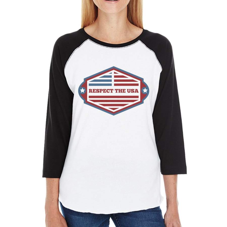 Respect The USA Womens Black Baseball Shirt 3/4 Sleeve Crew Neck