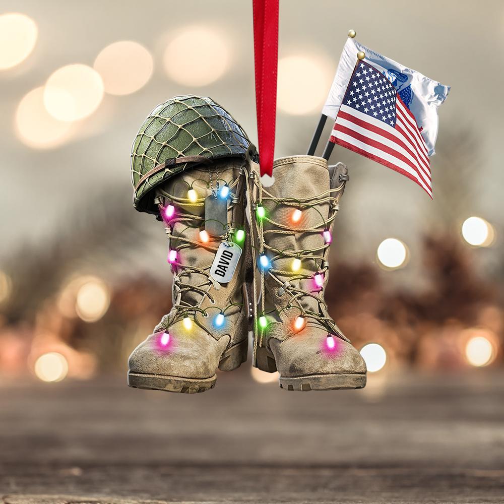 Military Boots Flag Christmas – Personalized Flat Ornament  – Military Gifts