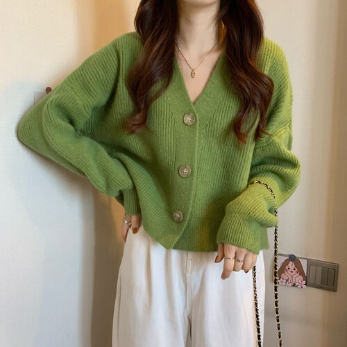 V-Neck Loose Lazy Wind Knitted Sweater Autumn Winter 2022 New Fashion Casual Solid Color Long-Sleeved Cardigan Female Tops Coat alx