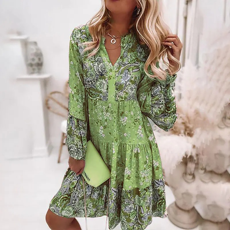 Bohemian Women Sexy Backless Mini Printing Dress Spring Casual V Neck Holiday Outdoor Dress Femme Flare Sleeve Slim Fit Dress alx