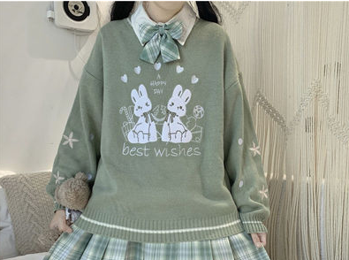 Japanese Girly Cute Loose JK Sweater Women Kawaii Knitwear Tops Spring Autumn Sweet Lolita Embroidery Bunny Knitted Pullover alx