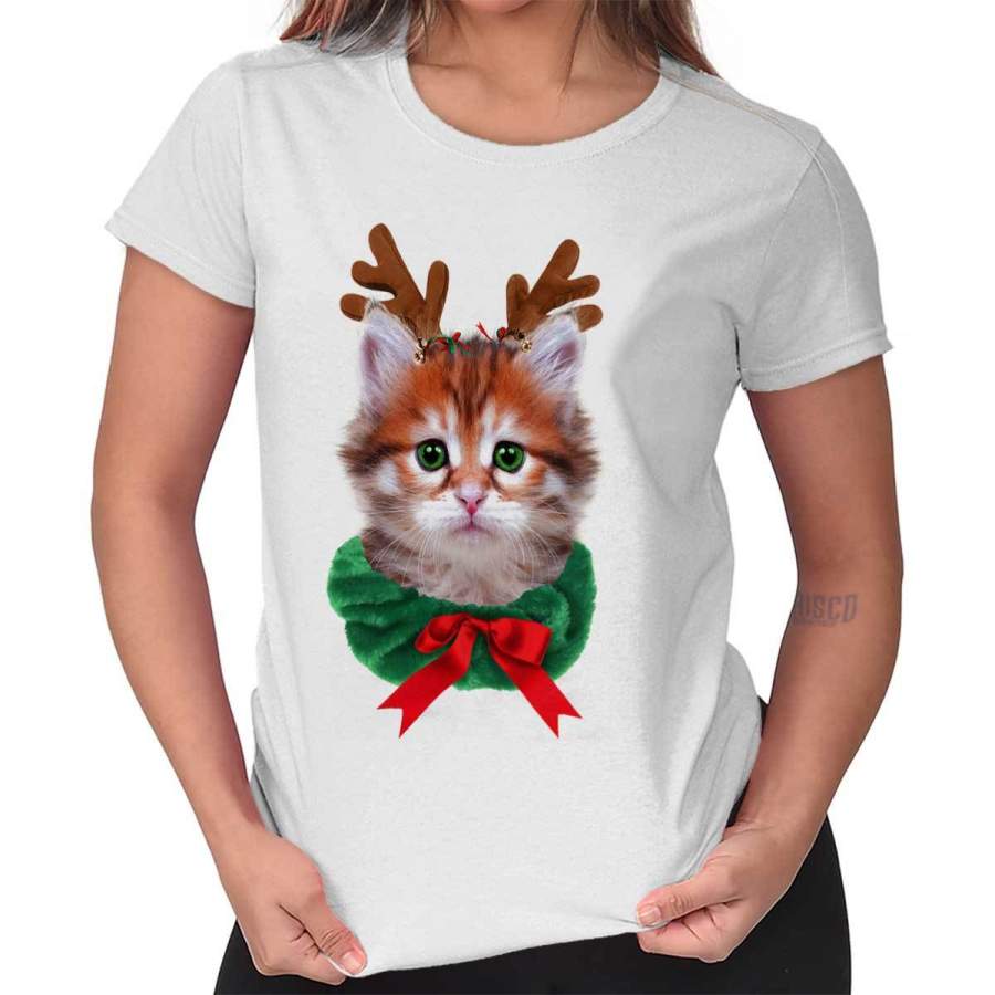 Cute Reindeer Cat Kitten Ladies T-Shirt