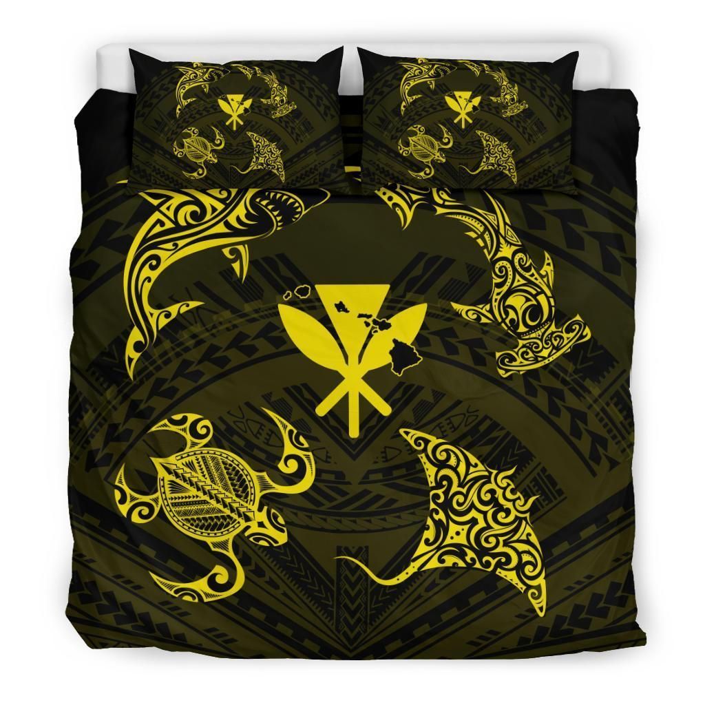 Alohawaii Bedding Set – Cover And Pillow Cases Polynesian Turtle Hammerhead Shark Ray Kanaka Hawaii Circle Yellow – Ah – J5