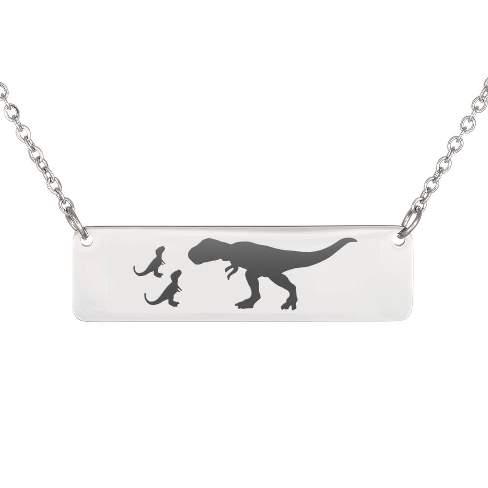 T-Rex Pendant – Dinosaur Necklace – Mom As Animal Necklace – Horizontal Bar Pendant – Custom Engraved Present (2 Hatchlings)