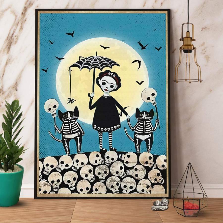 Skullcap skeleton and cat halloween night paper poster no frame/ wrapped canvas wall decor full size