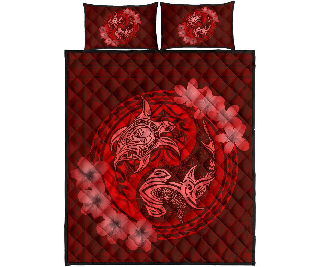 Alohawaii Home Set – Hawaii Yin Yang Turtle Shark Hibiscus Plumeria Quilt Bed Set – Red – Ah – J4