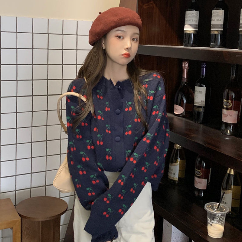 Cardigan Women Sweater All-match Loose Knitting New Autumn Cherry-print Harajuku Design Ins Sweet Japanese Casual Mujer Kawaii alx